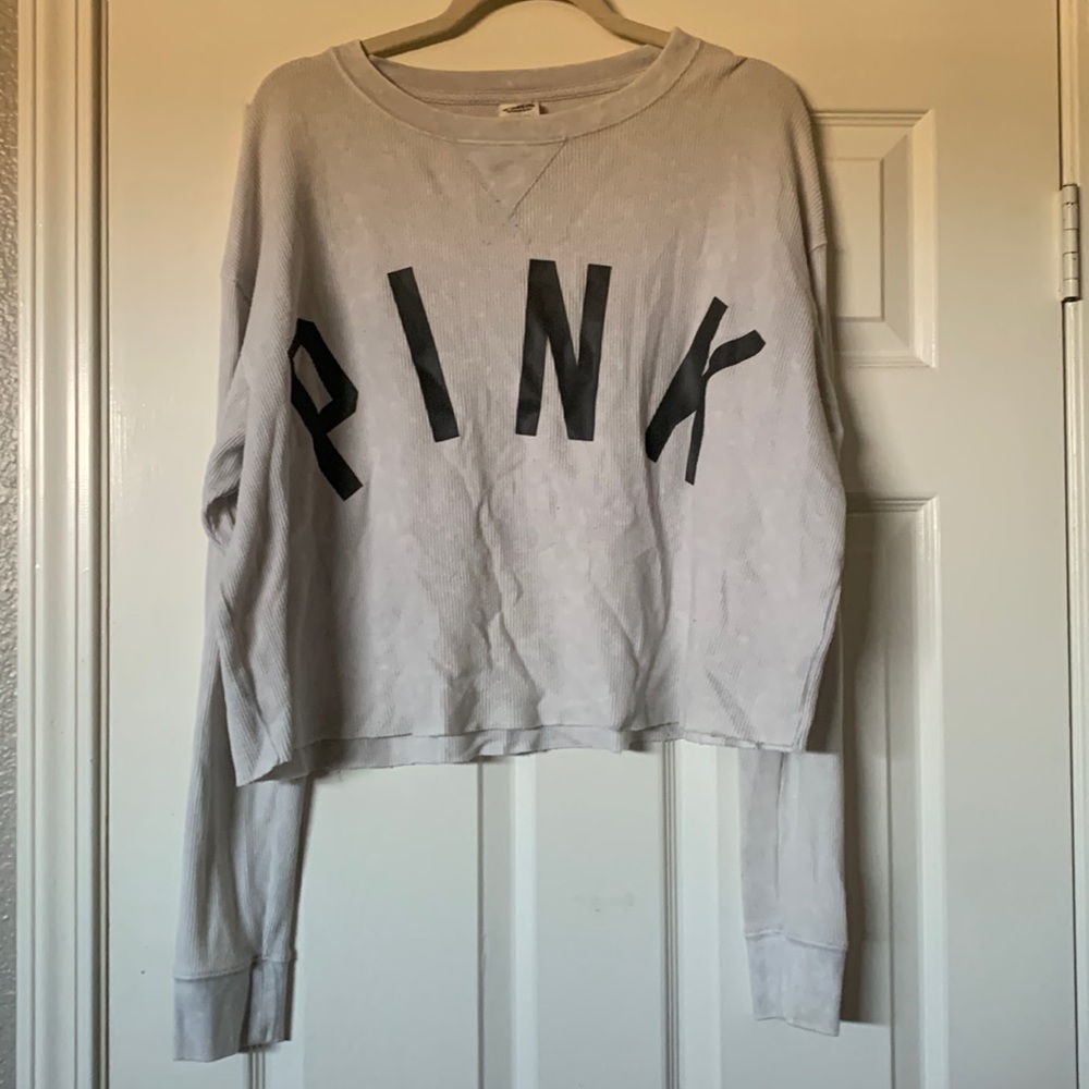 PINK white/light gray waffle pattern long sleeve crop top